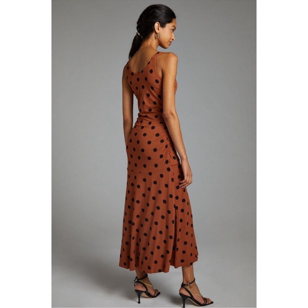 By Anthropologie Ruched Polka Dot Gathered Midi Dress Brown Plus Size L - Picture 5 of 13